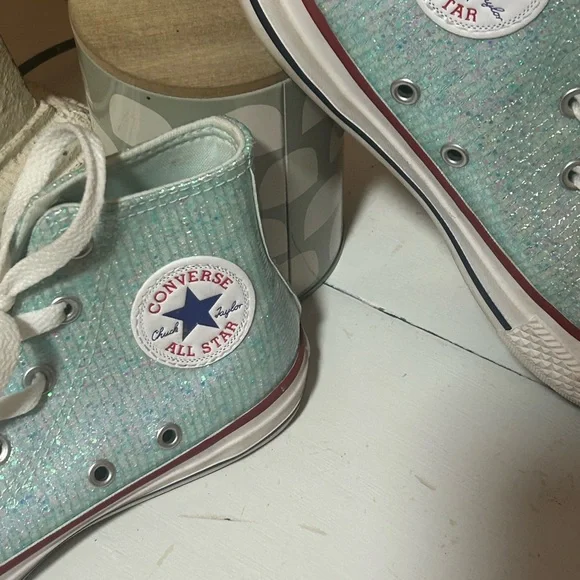 Converse Kids' High-Top Sneakers - Aqua Sparkle Sz 1 - Picture 2 of 5